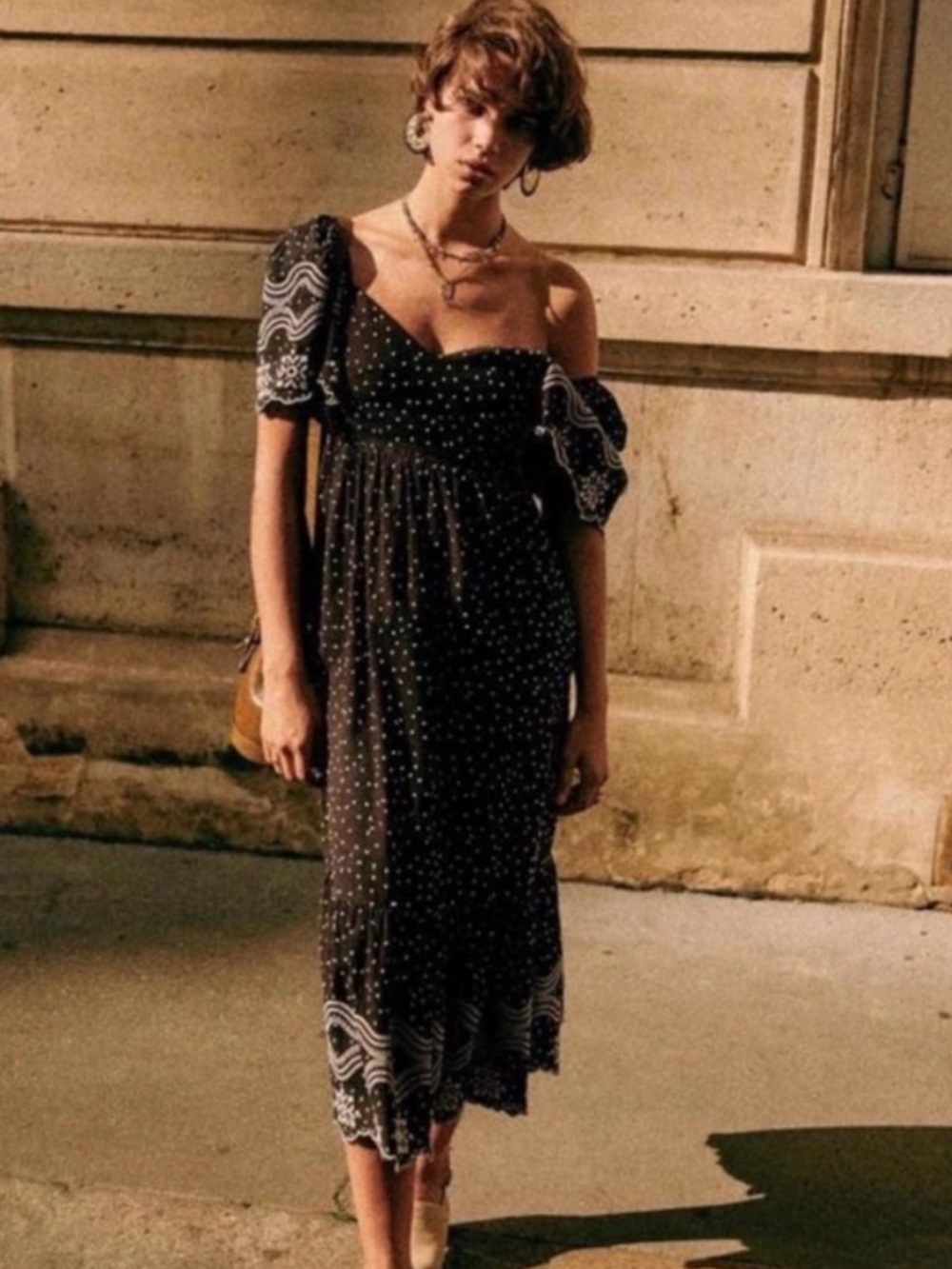 Sezane Black Polka Dot Midi Dress with Puff Sleeves